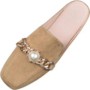 AMDBEL Flats Shoes Women Dressy Comfortable Womens Mules Backless Loafers with Metal Chain Decor Gem Pearl Slip On Flat Shoes