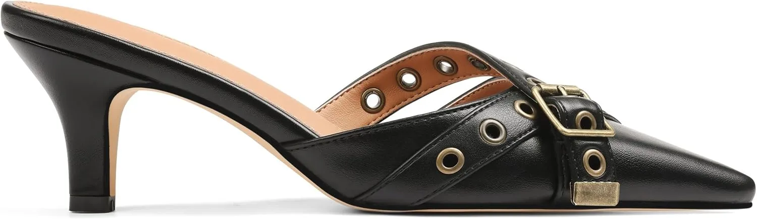 AMINUGAL Mules Heels for Women Pointed Closed Toe Kitten Pumps Buckle Slip On Studded Stiletto Heeled Party Dress Shoes
