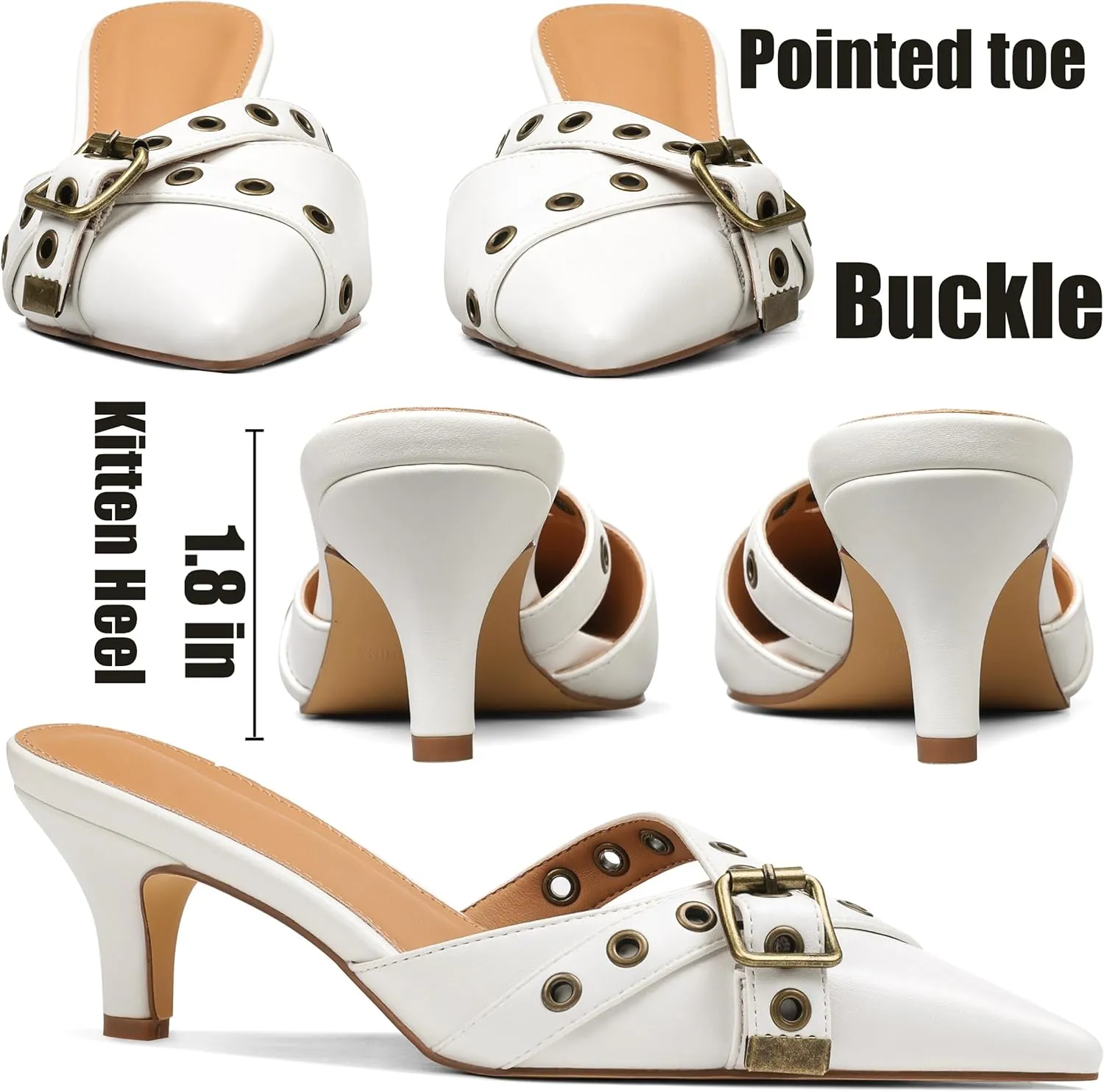 AMINUGAL Mules Heels for Women Pointed Closed Toe Kitten Pumps Buckle Slip On Studded Stiletto Heeled Party Dress Shoes