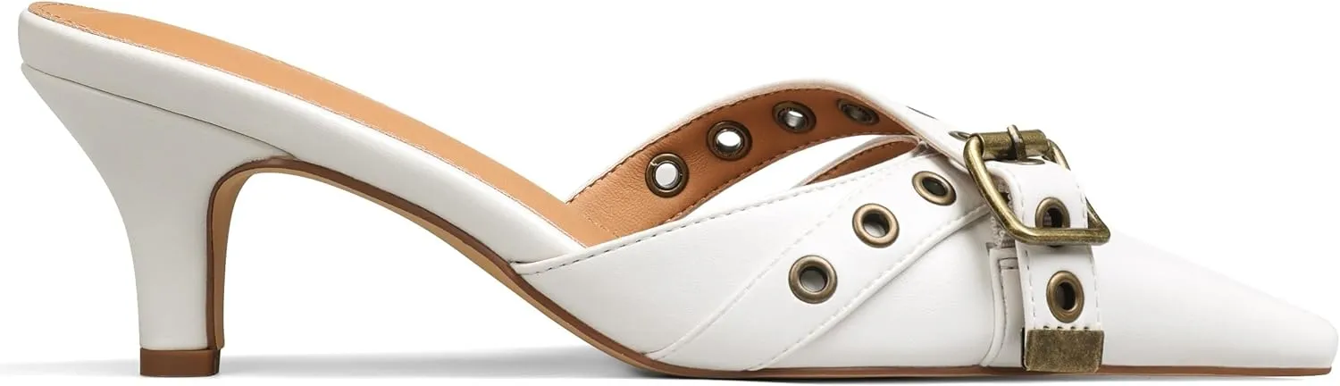 AMINUGAL Mules Heels for Women Pointed Closed Toe Kitten Pumps Buckle Slip On Studded Stiletto Heeled Party Dress Shoes
