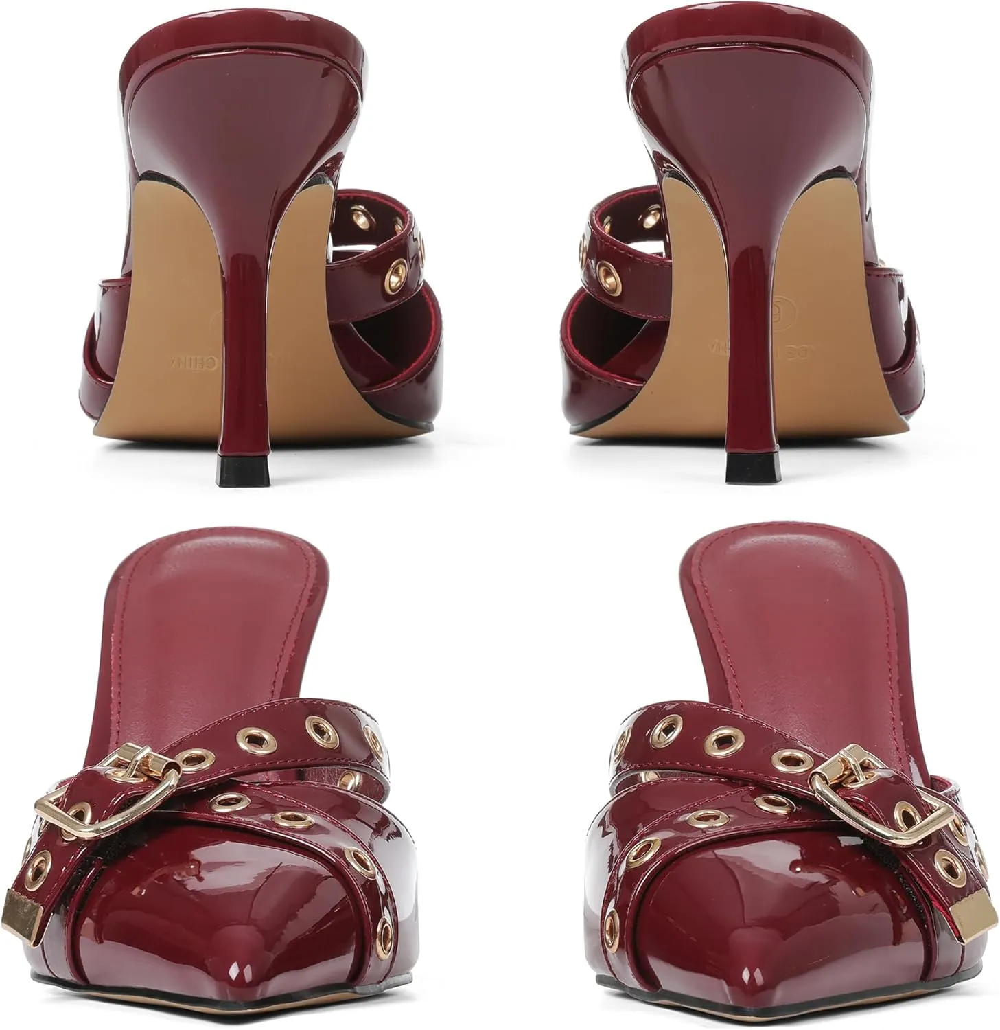 AMINUGAL Mules Heels for Women Pointed Closed Toe Kitten Pumps Buckle Slip On Studded Stiletto Heeled Party Dress Shoes