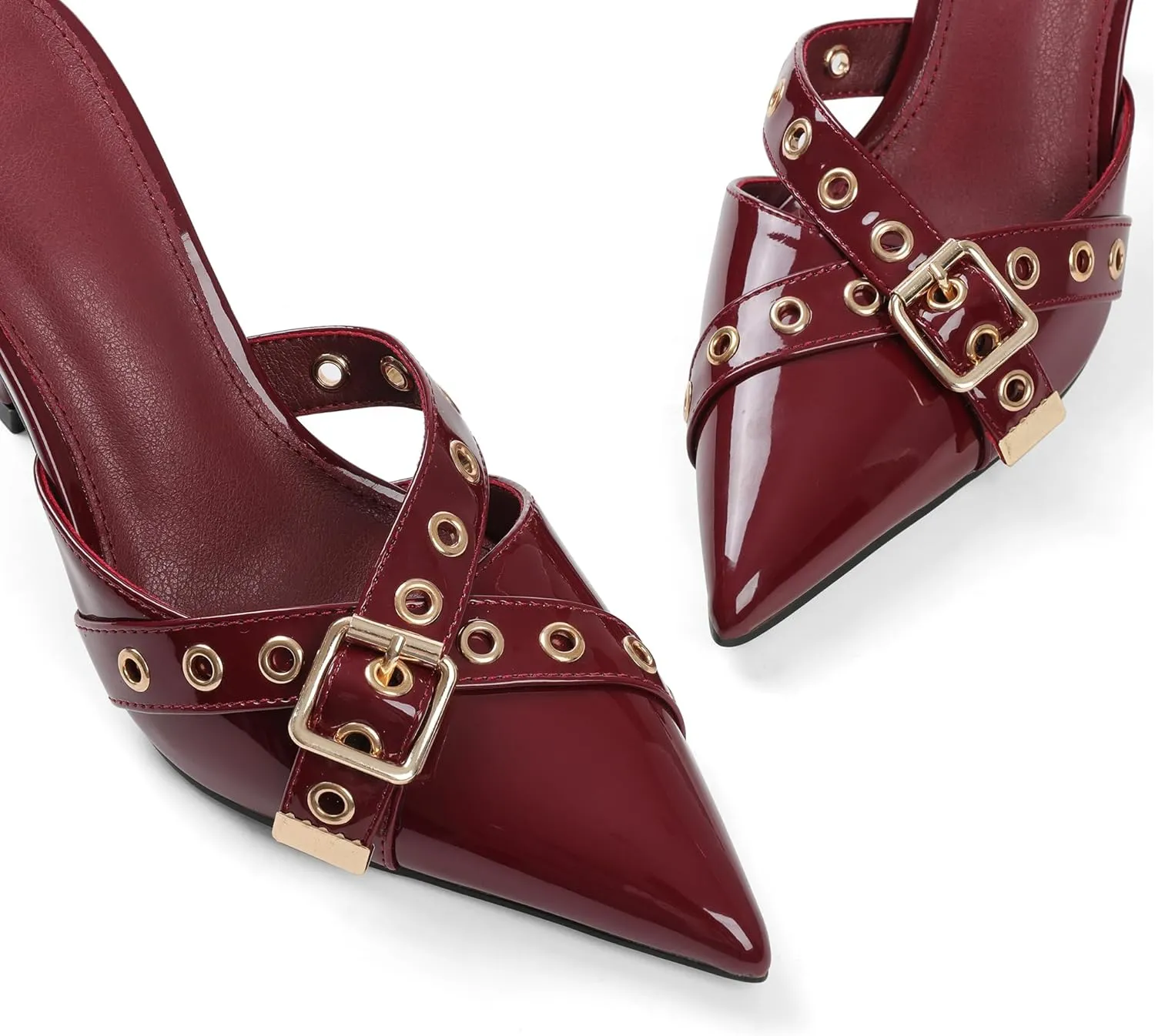 AMINUGAL Mules Heels for Women Pointed Closed Toe Kitten Pumps Buckle Slip On Studded Stiletto Heeled Party Dress Shoes