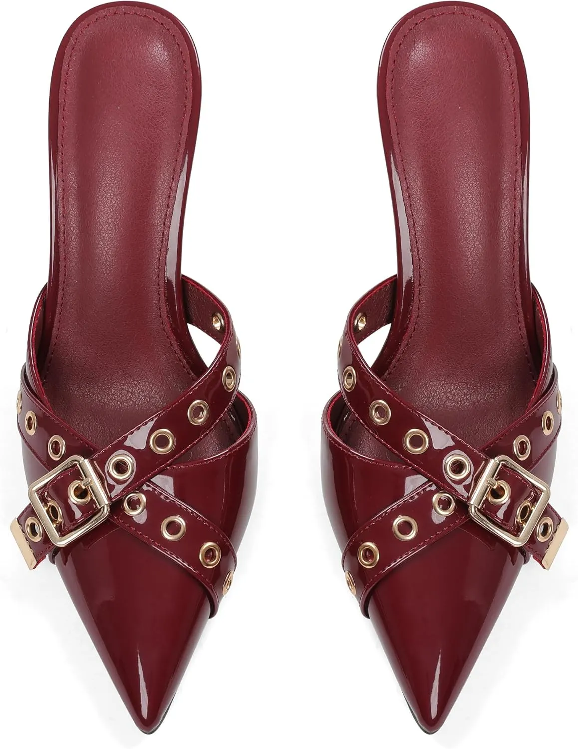 AMINUGAL Mules Heels for Women Pointed Closed Toe Kitten Pumps Buckle Slip On Studded Stiletto Heeled Party Dress Shoes