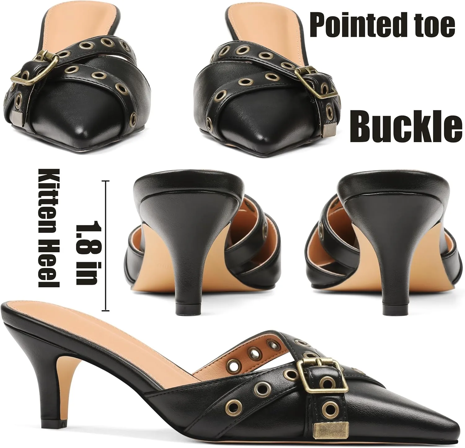 AMINUGAL Mules Heels for Women Pointed Closed Toe Kitten Pumps Buckle Slip On Studded Stiletto Heeled Party Dress Shoes