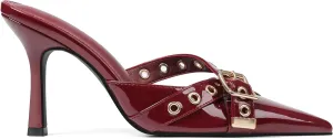 AMINUGAL Mules Heels for Women Pointed Closed Toe Kitten Pumps Buckle Slip On Studded Stiletto Heeled Party Dress Shoes