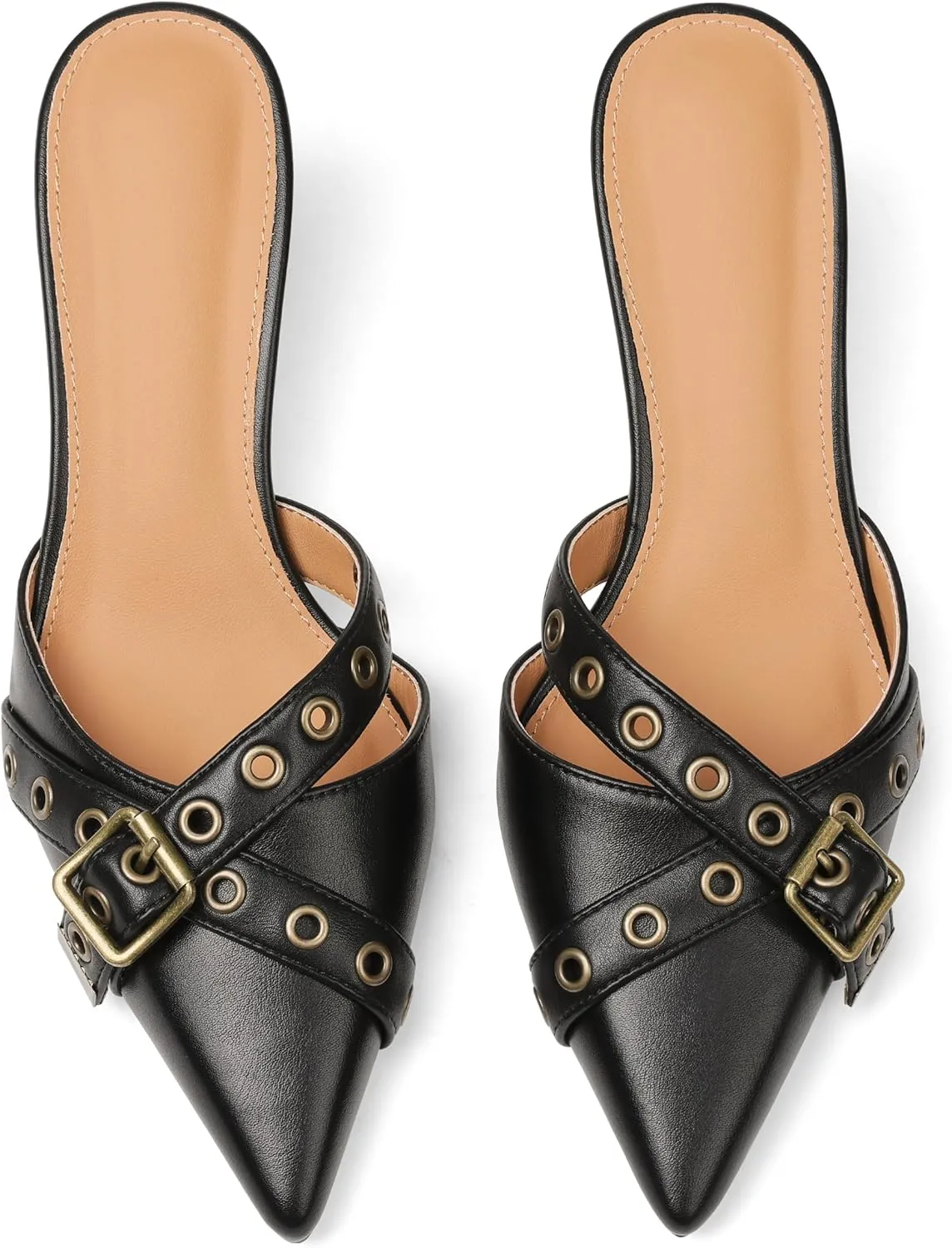 AMINUGAL Mules Heels for Women Pointed Closed Toe Kitten Pumps Buckle Slip On Studded Stiletto Heeled Party Dress Shoes