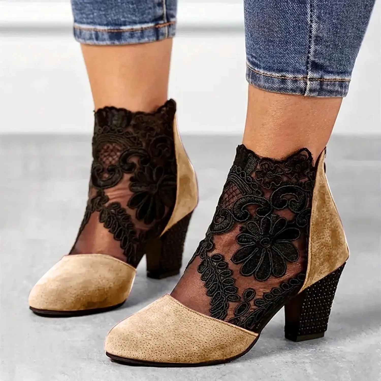Ankle Booties for Women Back Zipper Closed ToeChunky Heel Floral Lace Mesh Non-Slip Block Heeled Ankle Bootie