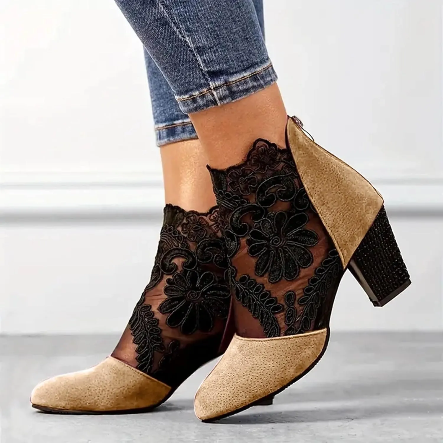 Ankle Booties for Women Back Zipper Closed ToeChunky Heel Floral Lace Mesh Non-Slip Block Heeled Ankle Bootie