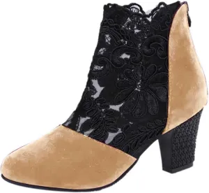 Ankle Booties for Women Back Zipper Closed ToeChunky Heel Floral Lace Mesh Non-Slip Block Heeled Ankle Bootie