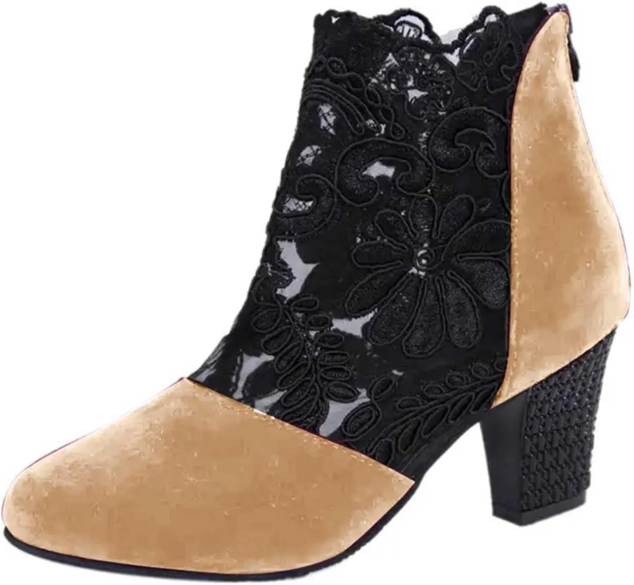 Ankle Booties for Women Back Zipper Closed ToeChunky Heel Floral Lace Mesh Non-Slip Block Heeled Ankle Bootie