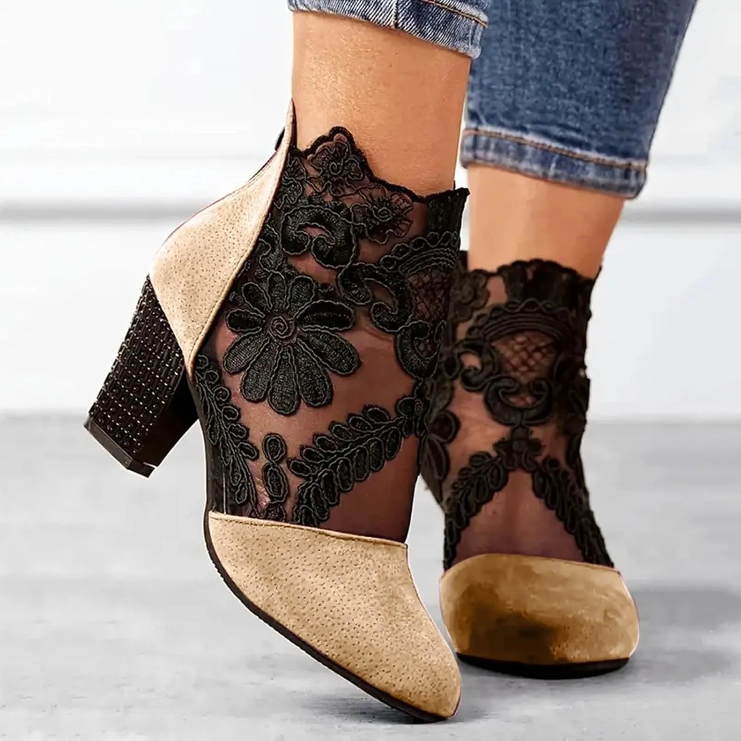 Ankle Booties for Women Back Zipper Closed ToeChunky Heel Floral Lace Mesh Non-Slip Block Heeled Ankle Bootie