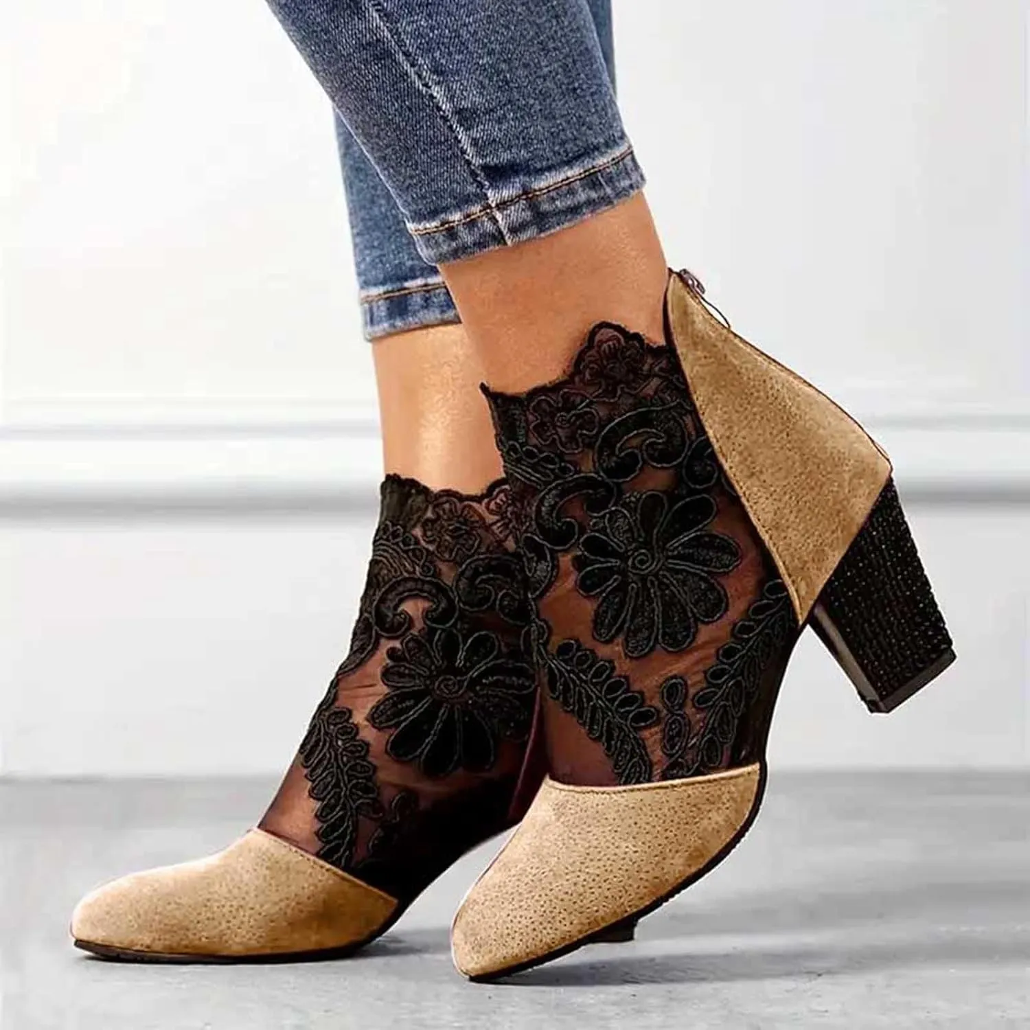 Ankle Booties for Women Back Zipper Closed ToeChunky Heel Floral Lace Mesh Non-Slip Block Heeled Ankle Bootie