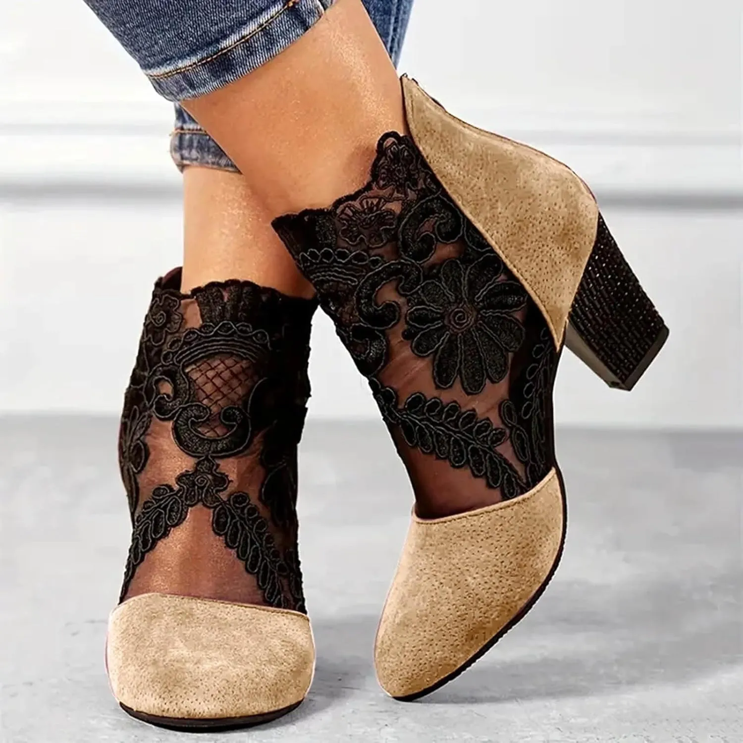 Ankle Booties for Women Back Zipper Closed ToeChunky Heel Floral Lace Mesh Non-Slip Block Heeled Ankle Bootie