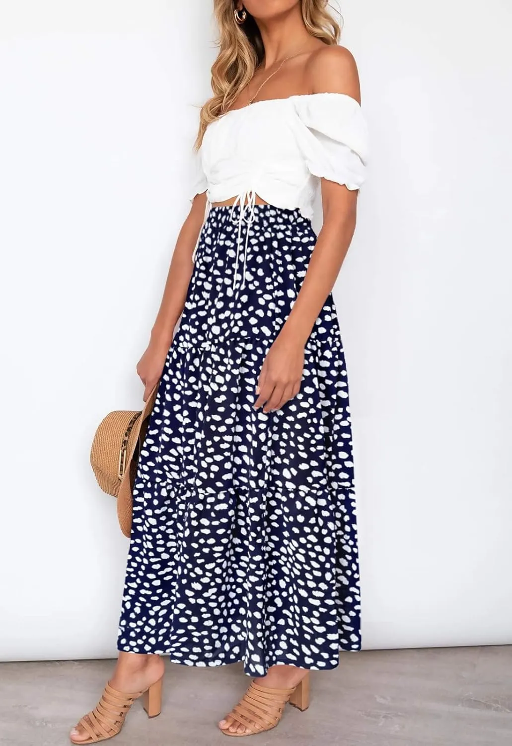 Annebouti Womens Spring Summer Boho Elastic Long Skirts High Waist Pleated A Line Tiered White or Black Maxi Skirt