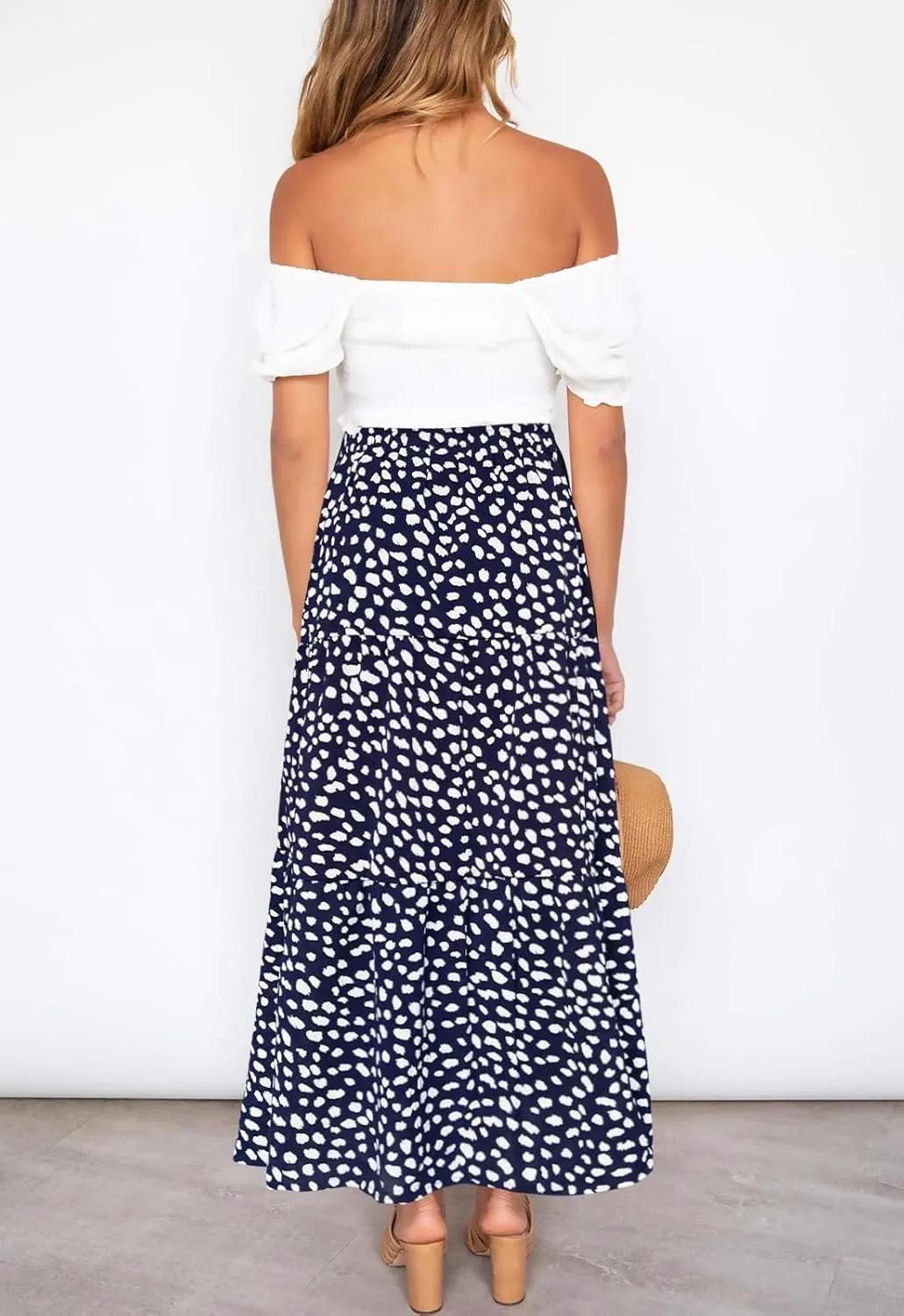 Annebouti Womens Spring Summer Boho Elastic Long Skirts High Waist Pleated A Line Tiered White or Black Maxi Skirt