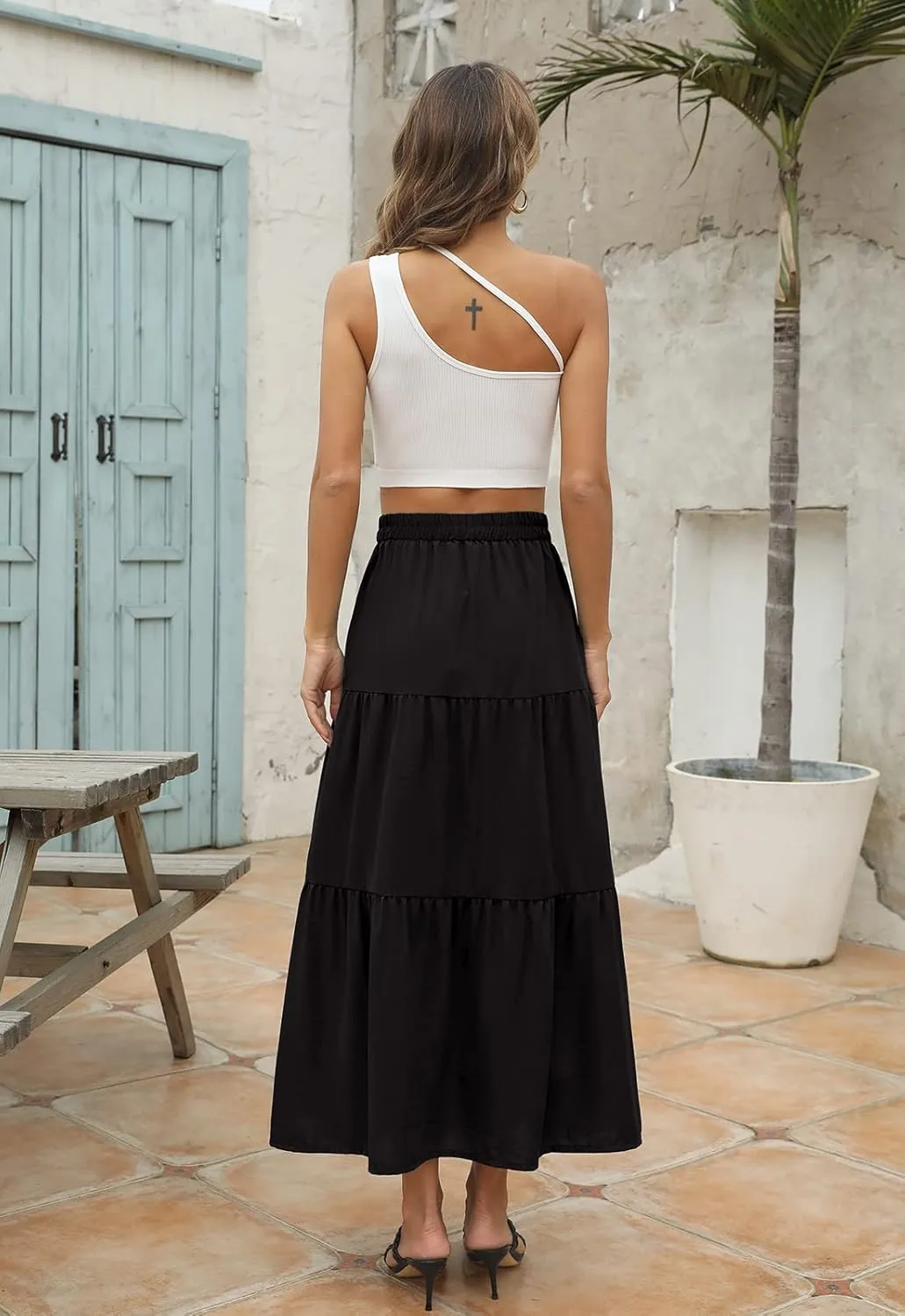 Annebouti Womens Spring Summer Boho Elastic Long Skirts High Waist Pleated A Line Tiered White or Black Maxi Skirt