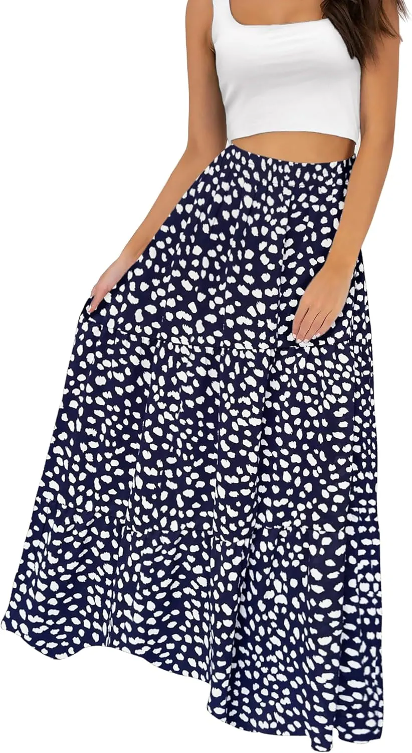 Annebouti Womens Spring Summer Boho Elastic Long Skirts High Waist Pleated A Line Tiered White or Black Maxi Skirt