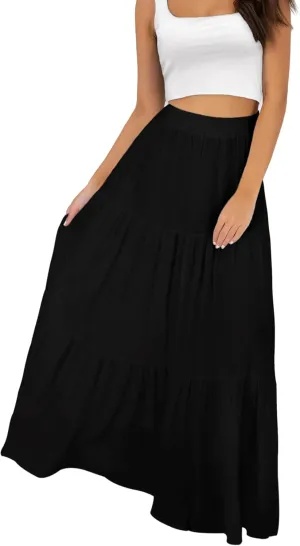 Annebouti Womens Spring Summer Boho Elastic Long Skirts High Waist Pleated A Line Tiered White or Black Maxi Skirt