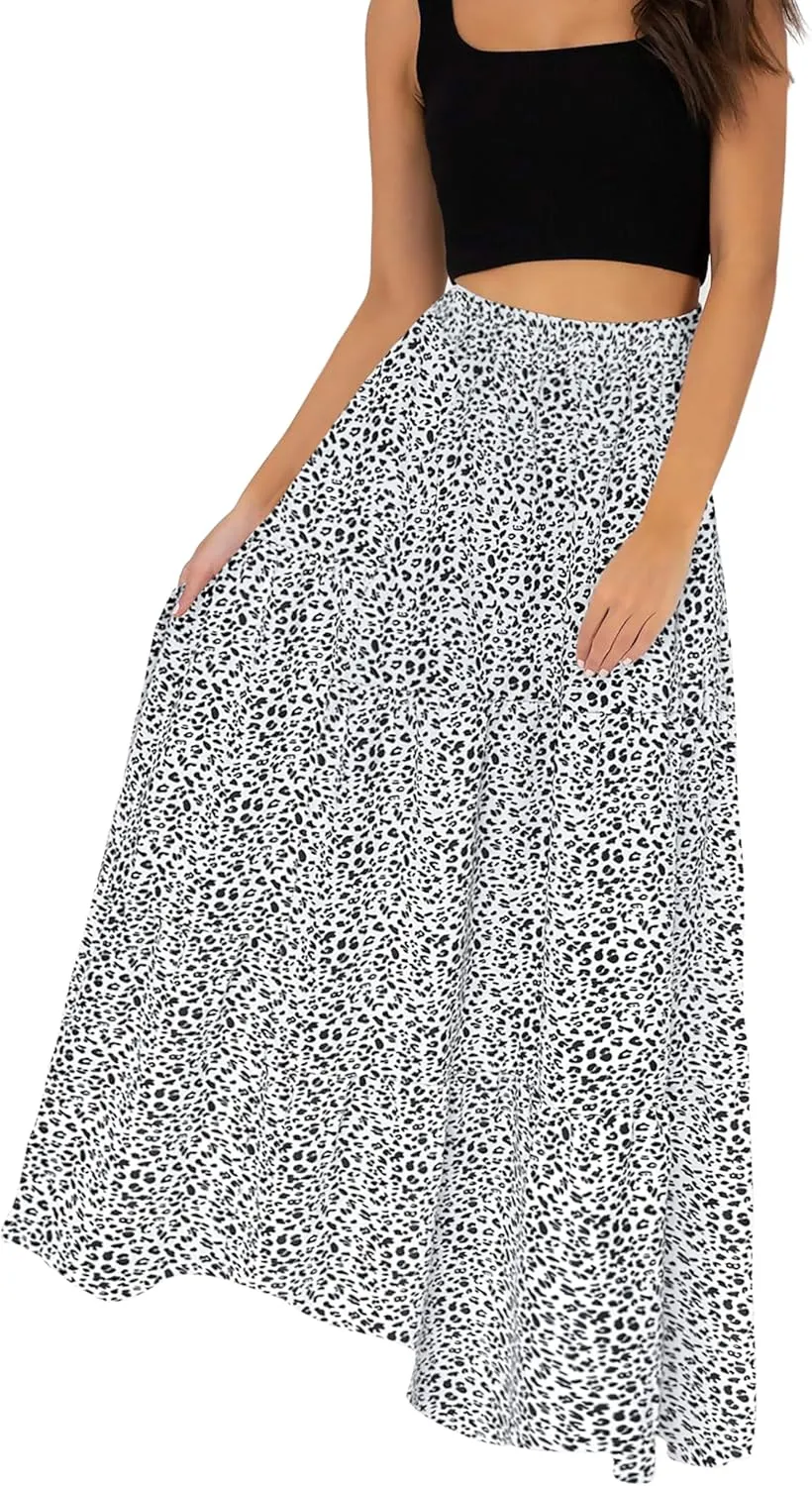 Annebouti Womens Spring Summer Boho Elastic Long Skirts High Waist Pleated A Line Tiered White or Black Maxi Skirt