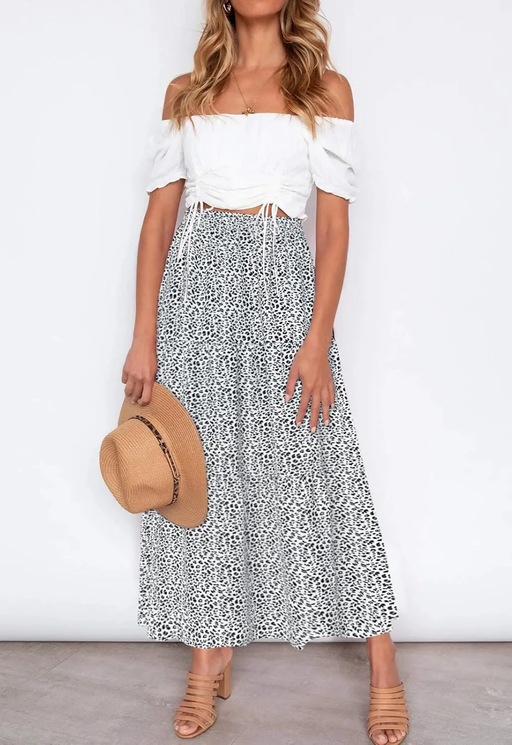 Annebouti Womens Spring Summer Boho Elastic Long Skirts High Waist Pleated A Line Tiered White or Black Maxi Skirt