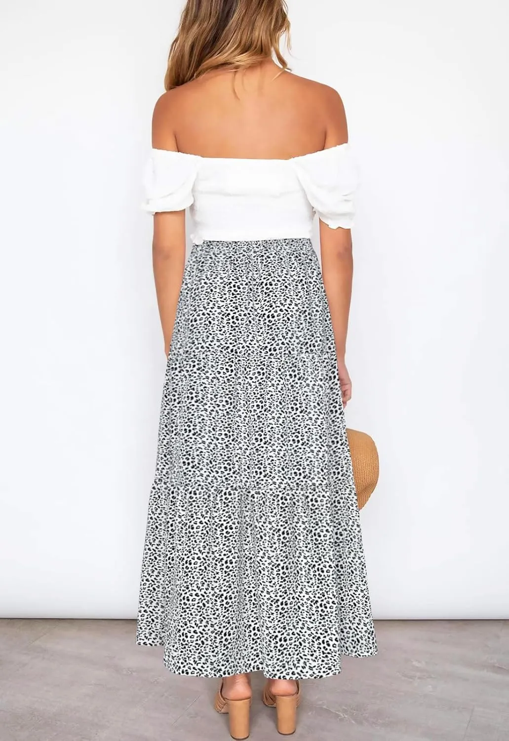 Annebouti Womens Spring Summer Boho Elastic Long Skirts High Waist Pleated A Line Tiered White or Black Maxi Skirt
