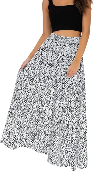 Annebouti Womens Spring Summer Boho Elastic Long Skirts High Waist Pleated A Line Tiered White or Black Maxi Skirt