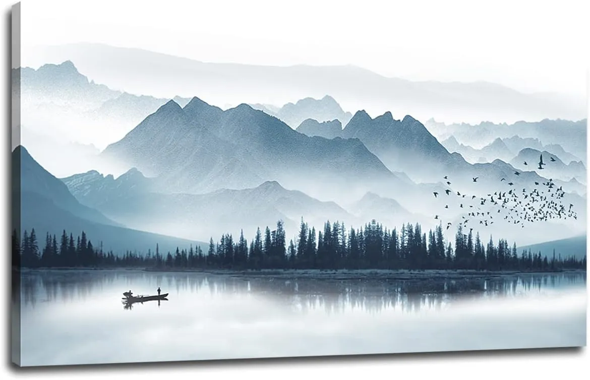 arteWOODS Indigo Canvas Wall Art Misty Mountain Wall Pictures Foggy Lake Boat Canvas Painting Grey Blue Forest Birds Canvas Wall Decor for Living Room Wall Decorations 20" x 40"