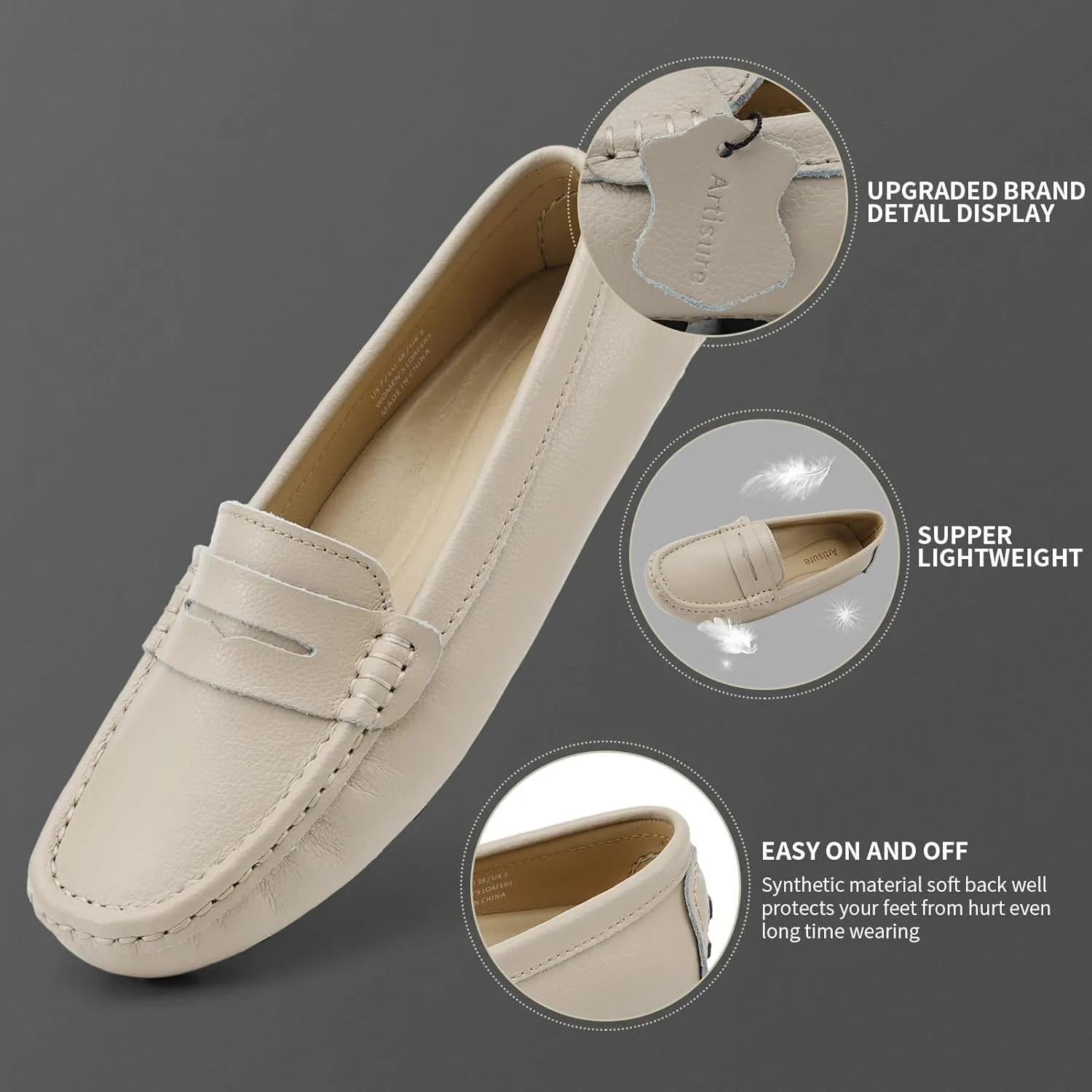 Artisure Women's Classic Comfort Leather Penny Loafers Casual Slip-Ons Lightweight Walking Flats Driving Mocs Boat Shoes