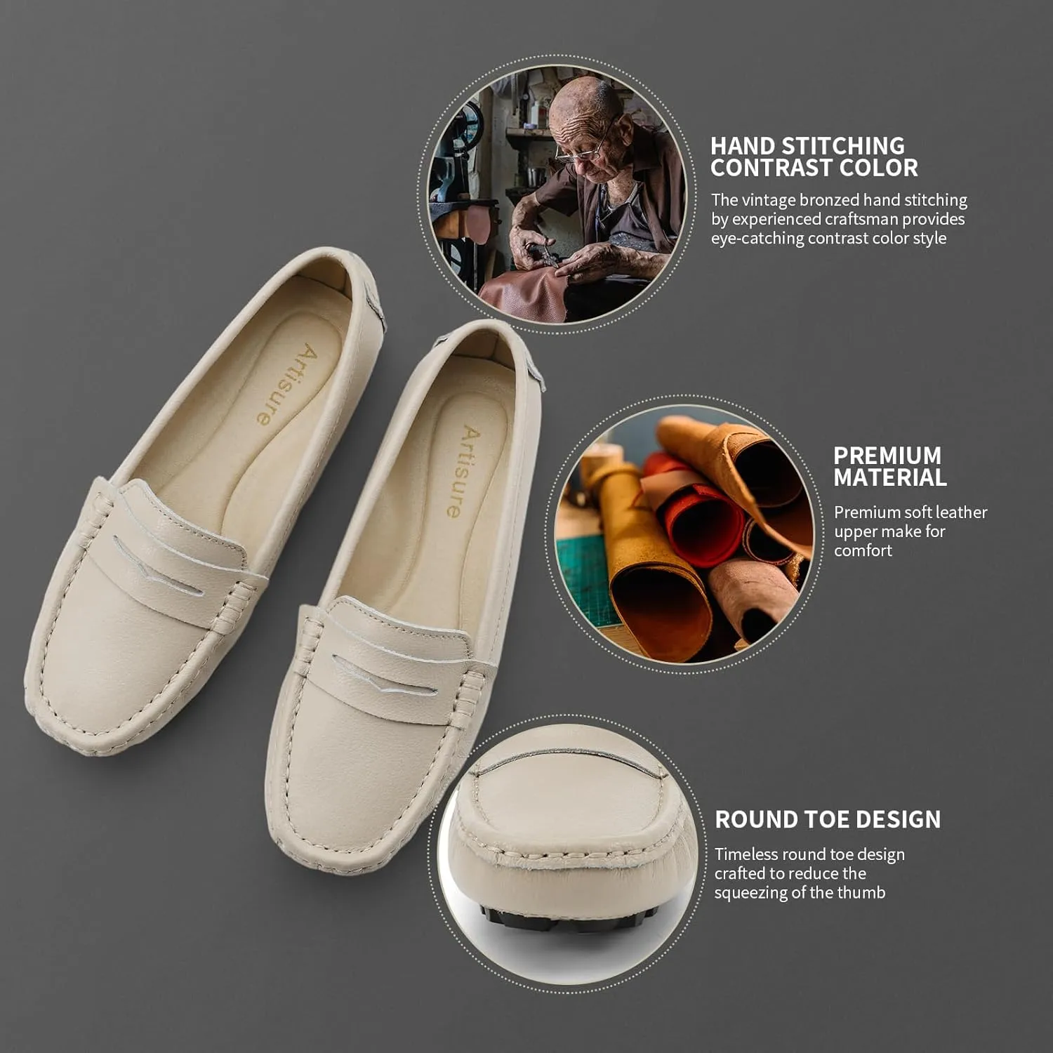 Artisure Women's Classic Comfort Leather Penny Loafers Casual Slip-Ons Lightweight Walking Flats Driving Mocs Boat Shoes