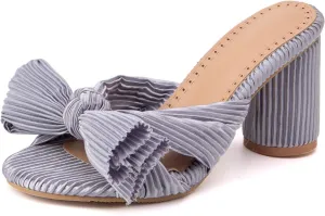 Asterisco Women Block Heel Mules Bows High Heels Peep Toe Slip On Fashion Evening Shoes, Size 2-15.5