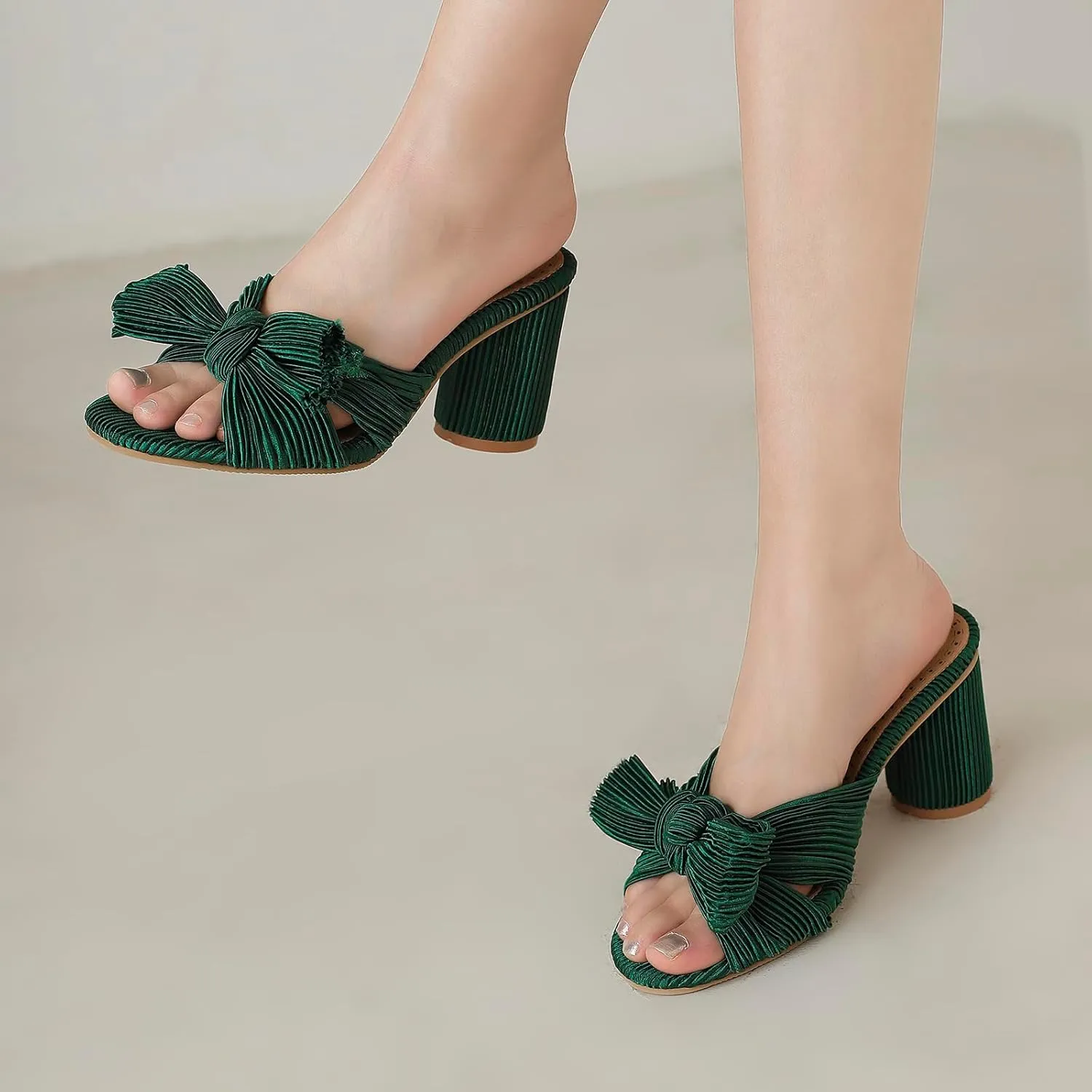 Asterisco Women Block Heel Mules Bows High Heels Peep Toe Slip On Fashion Evening Shoes, Size 2-15.5