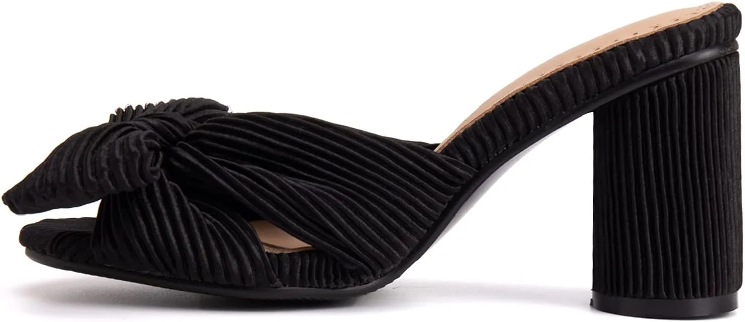 Asterisco Women Block Heel Mules Bows High Heels Peep Toe Slip On Fashion Evening Shoes, Size 2-15.5