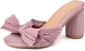 Asterisco Women Block Heel Mules Bows High Heels Peep Toe Slip On Fashion Evening Shoes, Size 2-15.5