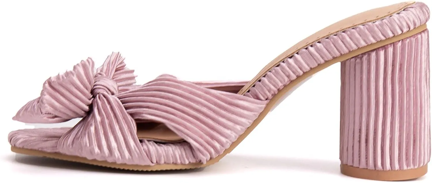 Asterisco Women Block Heel Mules Bows High Heels Peep Toe Slip On Fashion Evening Shoes, Size 2-15.5