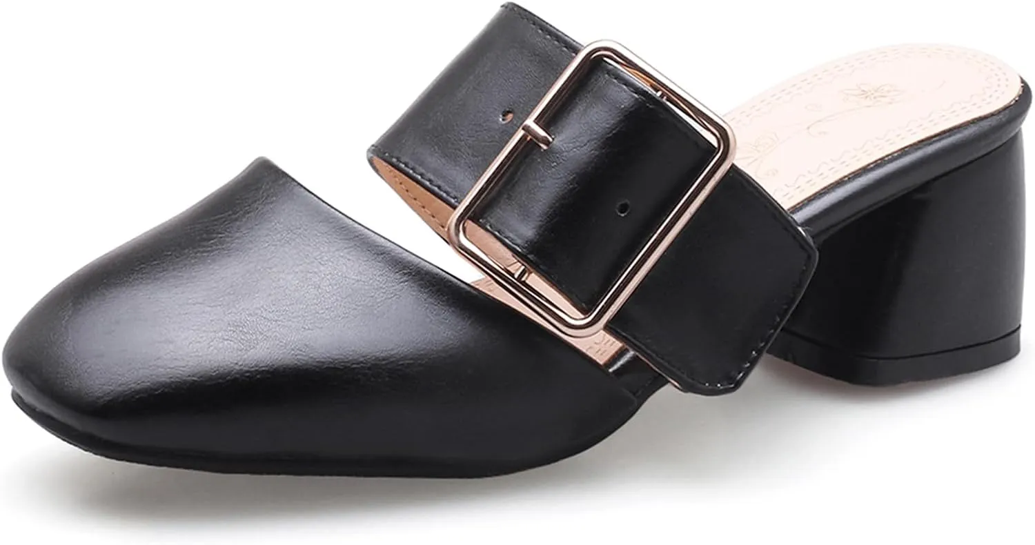 Asterisco Women Block Heel Mules Mid Heel Mules Square Toe Slip On Solid Dress Sandals, Size 2-15.5