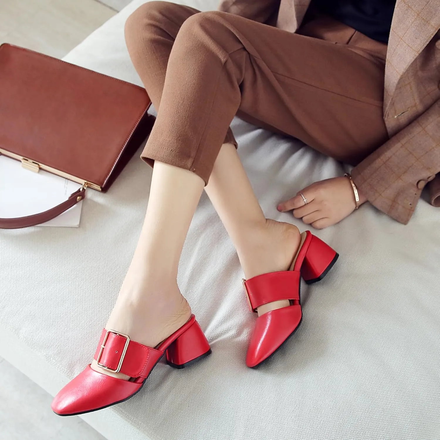 Asterisco Women Block Heel Mules Mid Heel Mules Square Toe Slip On Solid Dress Sandals, Size 2-15.5