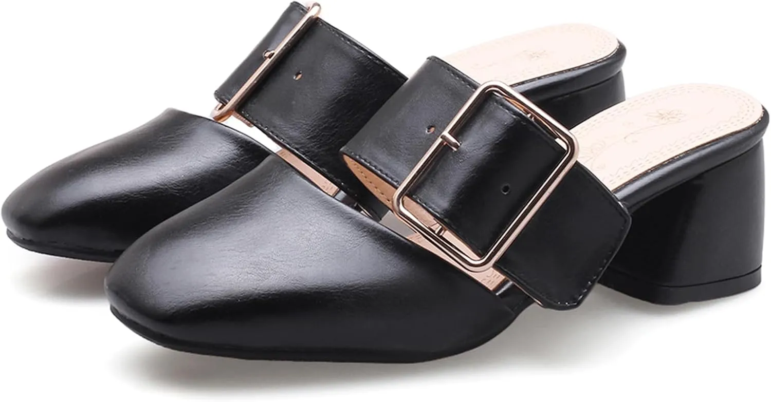 Asterisco Women Block Heel Mules Mid Heel Mules Square Toe Slip On Solid Dress Sandals, Size 2-15.5