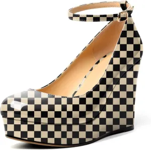 AUMOTED Women's Platform Wedges Heels Pumps Closed Round Toe Buckle Ankle Strap Patent Heels Shoes for Ladies Casual Dress 4 Inch High Heels