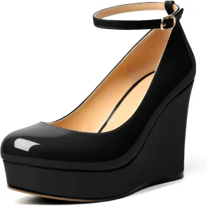 AUMOTED Women's Platform Wedges Heels Pumps Closed Round Toe Buckle Ankle Strap Patent Heels Shoes for Ladies Casual Dress 4 Inch High Heels