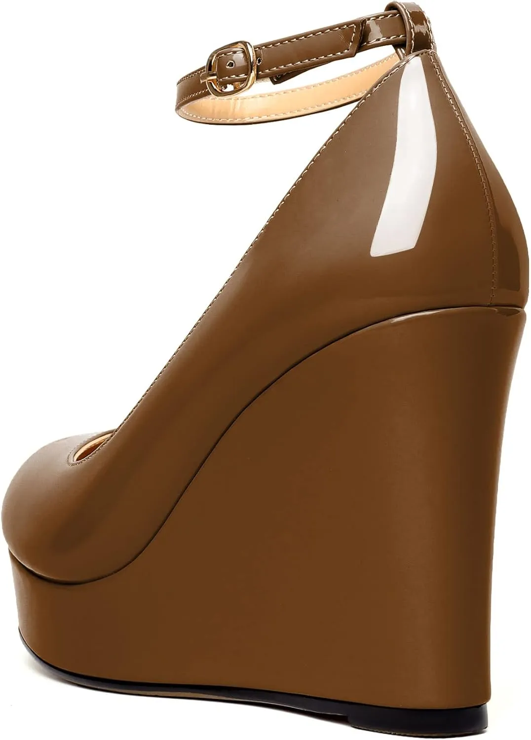 AUMOTED Women's Platform Wedges Heels Pumps Closed Round Toe Buckle Ankle Strap Patent Heels Shoes for Ladies Casual Dress 4 Inch High Heels