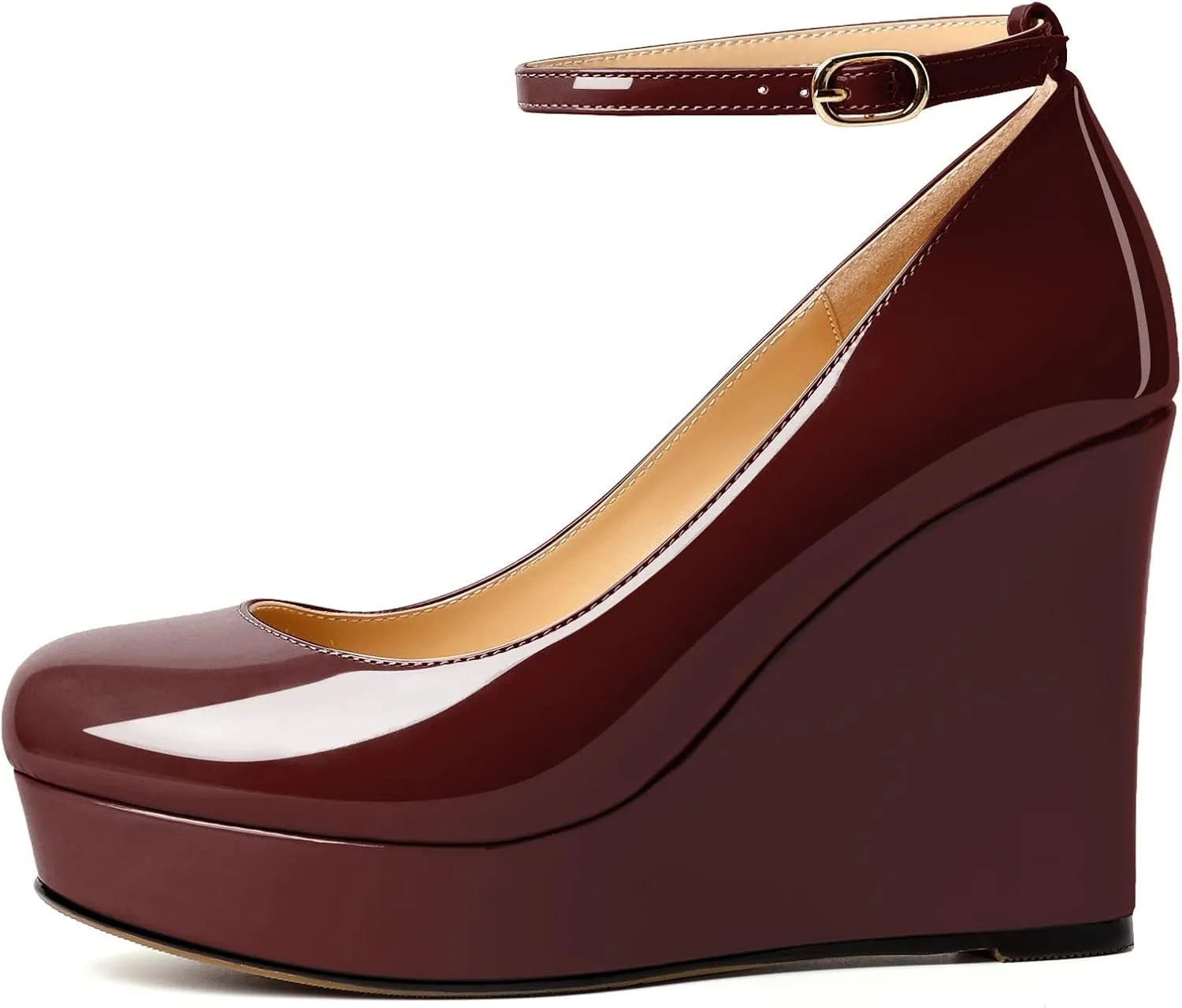 AUMOTED Women's Platform Wedges Heels Pumps Closed Round Toe Buckle Ankle Strap Patent Heels Shoes for Ladies Casual Dress 4 Inch High Heels