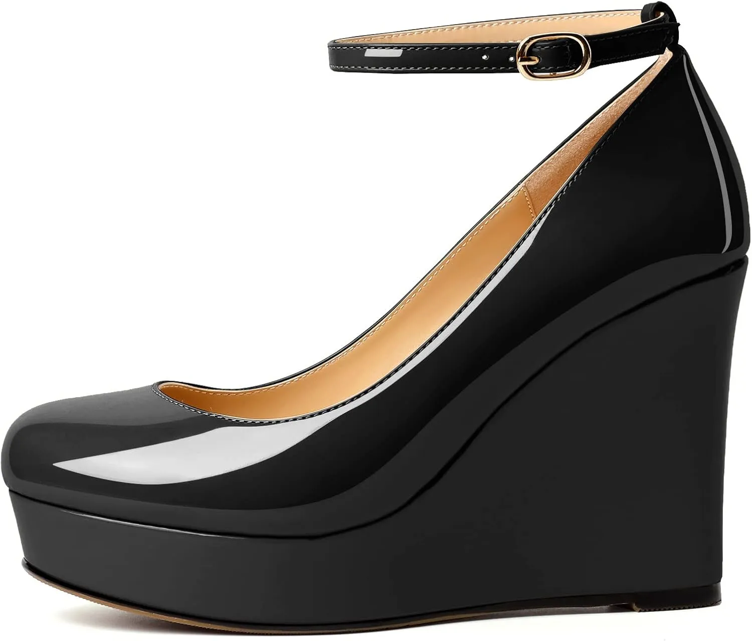 AUMOTED Women's Platform Wedges Heels Pumps Closed Round Toe Buckle Ankle Strap Patent Heels Shoes for Ladies Casual Dress 4 Inch High Heels