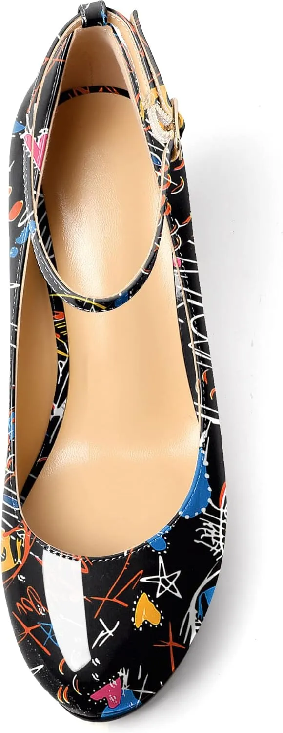 AUMOTED Women's Platform Wedges Heels Pumps Closed Round Toe Buckle Ankle Strap Patent Heels Shoes for Ladies Casual Dress 4 Inch High Heels