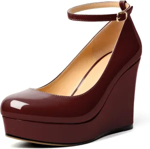 AUMOTED Women's Platform Wedges Heels Pumps Closed Round Toe Buckle Ankle Strap Patent Heels Shoes for Ladies Casual Dress 4 Inch High Heels