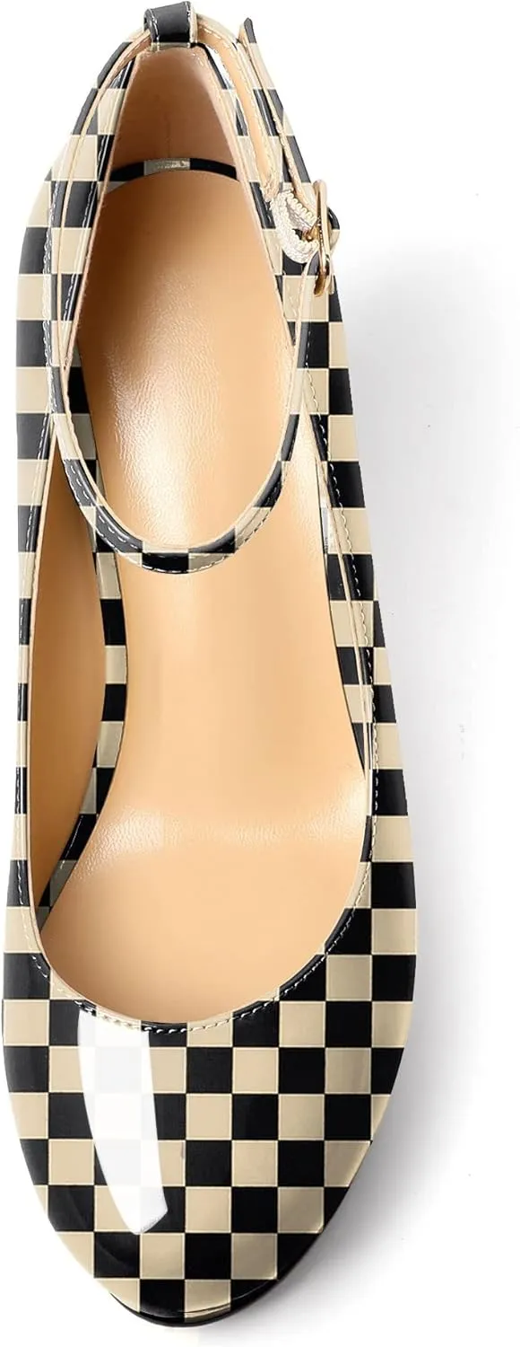 AUMOTED Women's Platform Wedges Heels Pumps Closed Round Toe Buckle Ankle Strap Patent Heels Shoes for Ladies Casual Dress 4 Inch High Heels