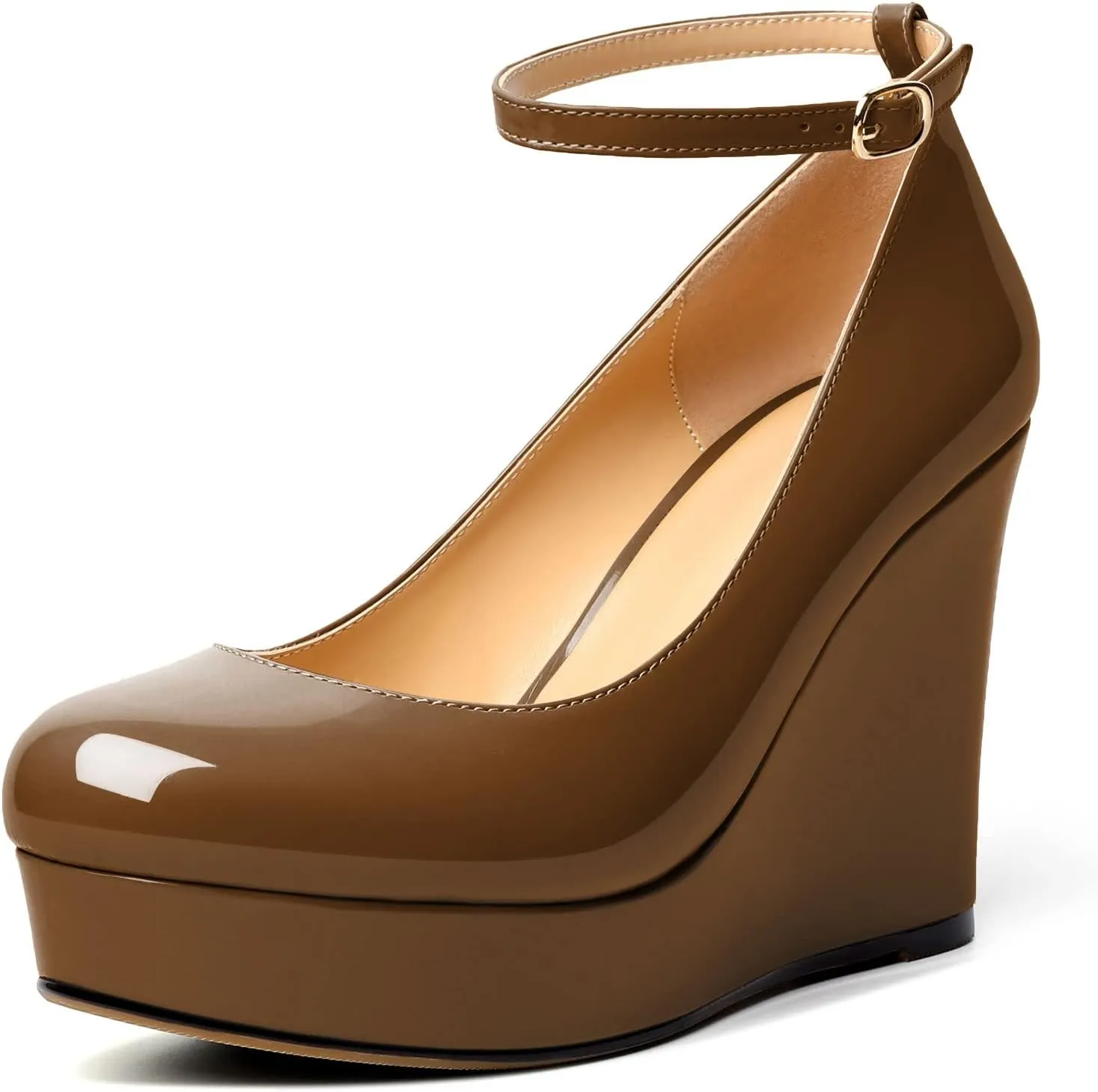 AUMOTED Women's Platform Wedges Heels Pumps Closed Round Toe Buckle Ankle Strap Patent Heels Shoes for Ladies Casual Dress 4 Inch High Heels