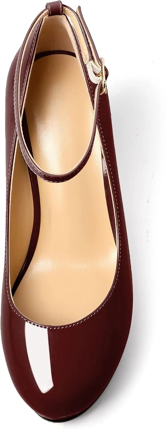 AUMOTED Women's Platform Wedges Heels Pumps Closed Round Toe Buckle Ankle Strap Patent Heels Shoes for Ladies Casual Dress 4 Inch High Heels