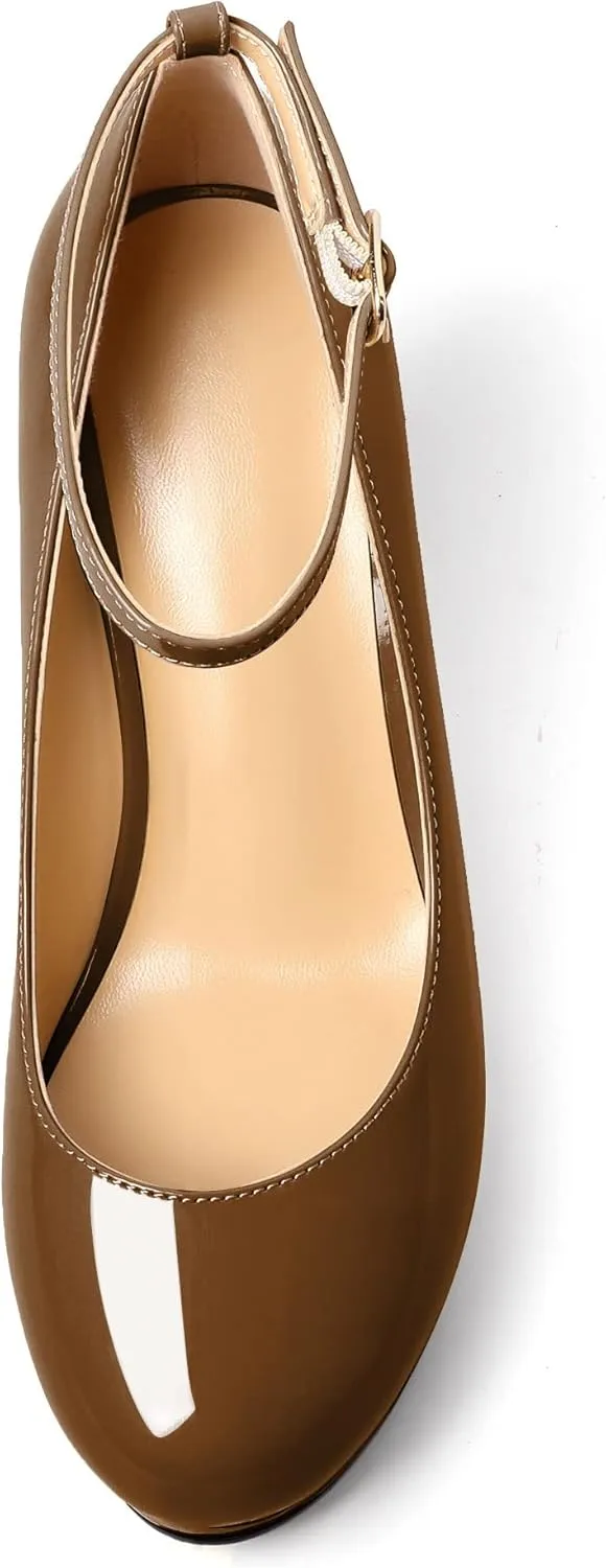 AUMOTED Women's Platform Wedges Heels Pumps Closed Round Toe Buckle Ankle Strap Patent Heels Shoes for Ladies Casual Dress 4 Inch High Heels