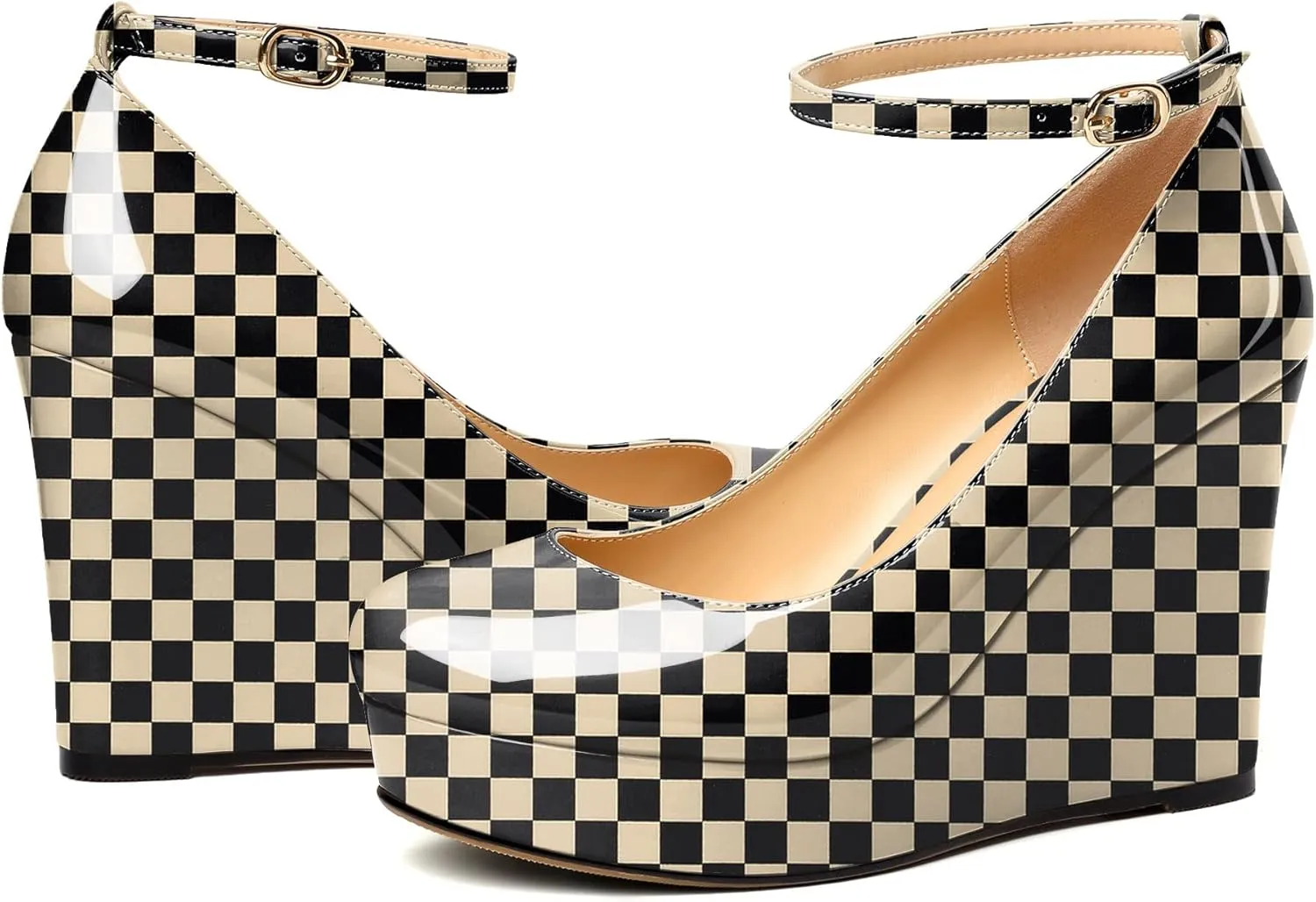 AUMOTED Women's Platform Wedges Heels Pumps Closed Round Toe Buckle Ankle Strap Patent Heels Shoes for Ladies Casual Dress 4 Inch High Heels