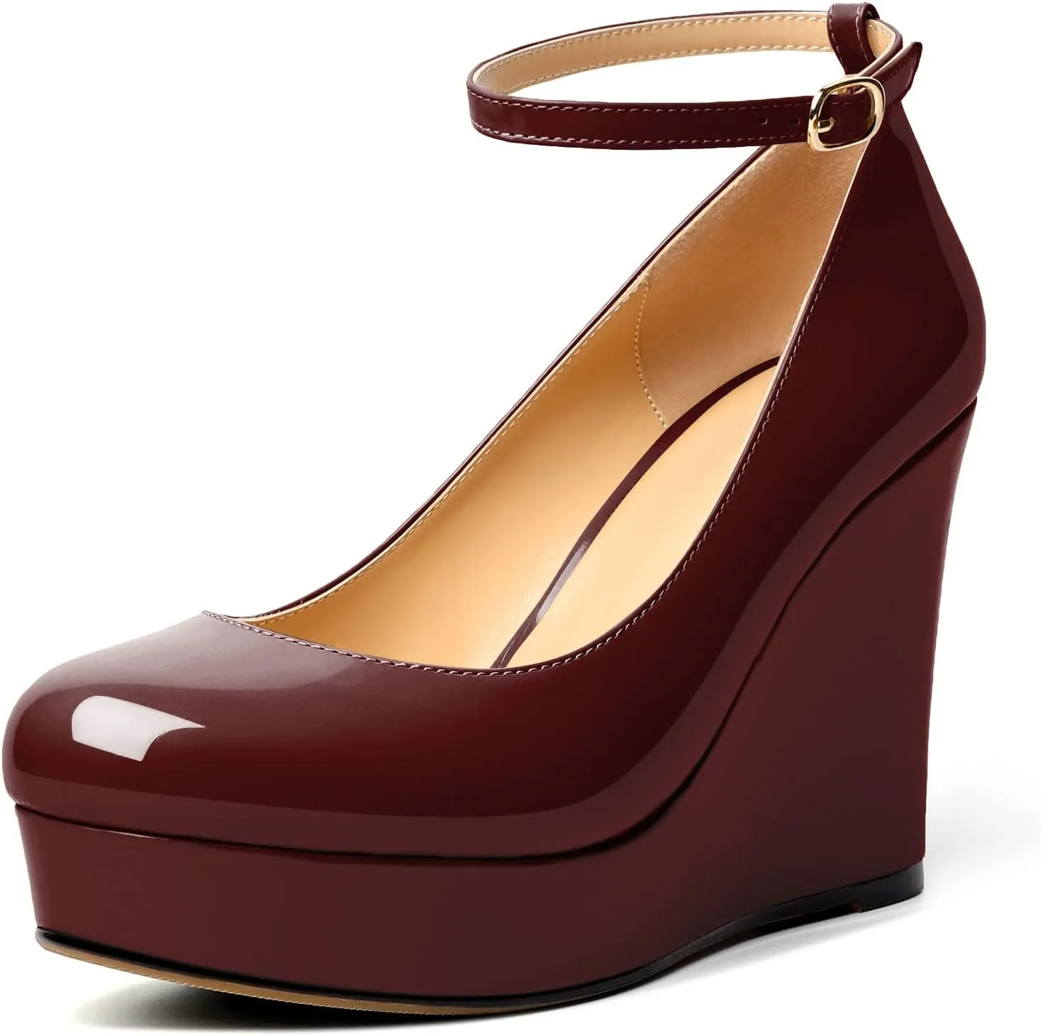AUMOTED Women's Platform Wedges Heels Pumps Closed Round Toe Buckle Ankle Strap Patent Heels Shoes for Ladies Casual Dress 4 Inch High Heels